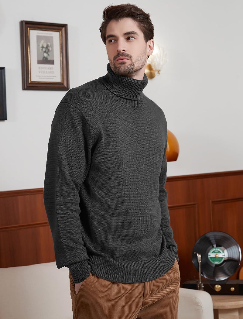 Kallspin Men's Turtleneck Sweaters Wool Blend Mid-Weight Highneck Pullover Sweaters(Dark Grey,3X-Large) - Image 2